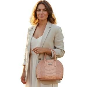 London Fog Handbag 11" NUDE Beige Croc Embossed Vegan Leather Preppy Elegant